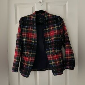 J.Crew Stewart Tartan Plaid Lurex Fringe Going Out Blazer 2 Holiday Christmas